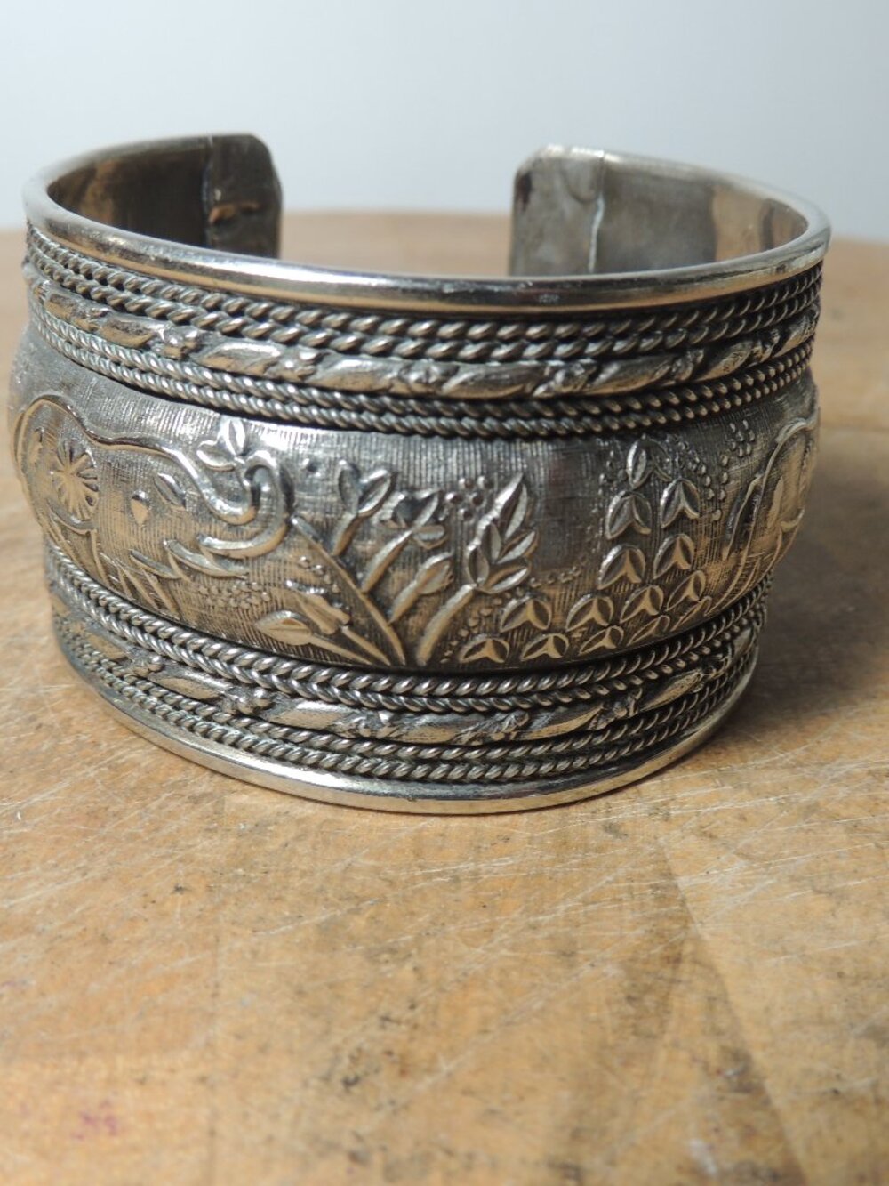 Wide Cuff Bracelet Embossed Design Elephants Flowers Vintage India